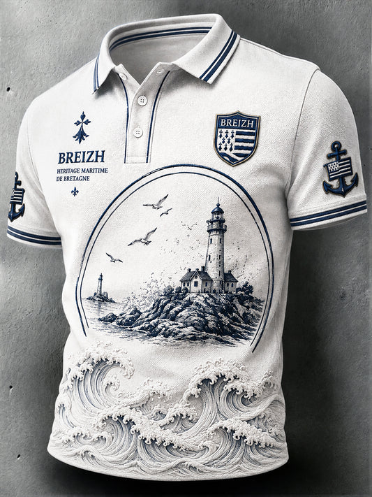 Polo décontracté blanc pour homme, style breton, à imprimé marin