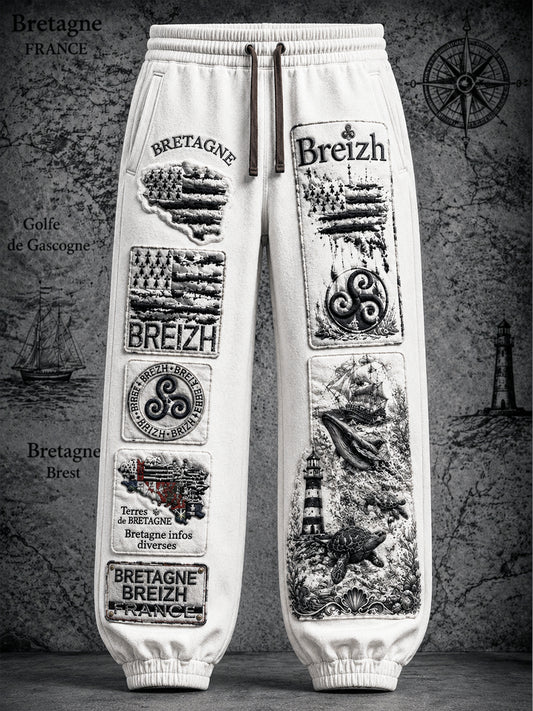 Pantalon décontracté en patchwork à imprimé marin breton français blanc pour homme