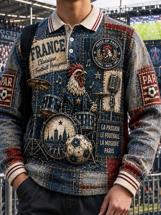 Polo Homme Retro Rock-Style Paris Saint-Germain Imprimé Football À Manches Longues