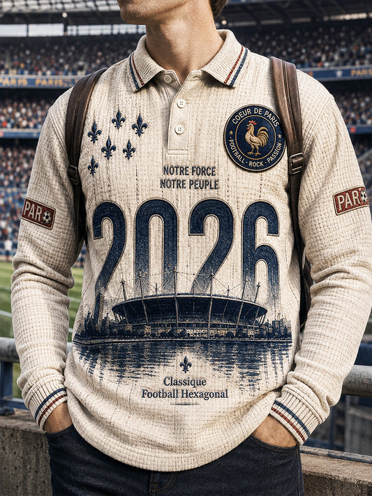 Polo Homme À Manches Longues Imprimé Football PSG Blanc Cassé