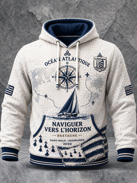 Sweat à capuche de sport décontracté pour homme, blanc, imprimé «Route du Rhum» de la Bretagne française