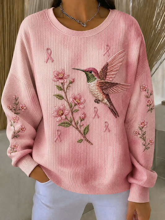 Sweat-shirt à col rond côtelé avec impression artistique de colibri pour femme