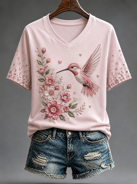 T-shirt à manches courtes pour femme avec impression artistique de colibri