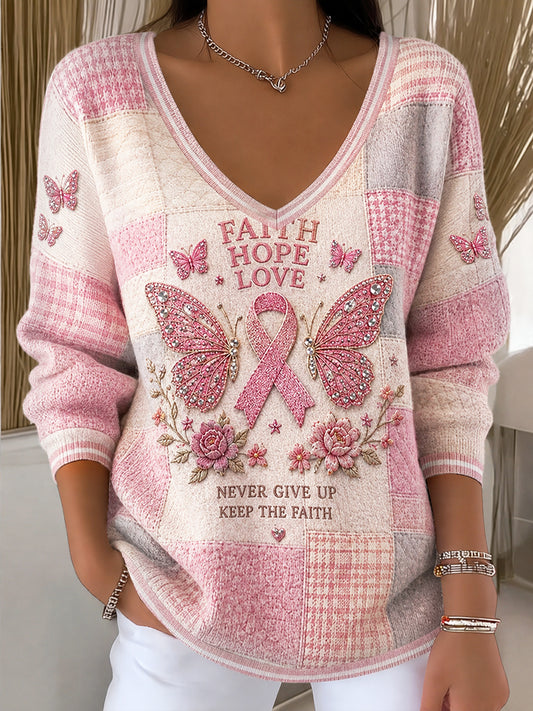Haut Femme Rose Cancer Du Sein Imprimé Patchwork Décontracté Col En V Style Pull