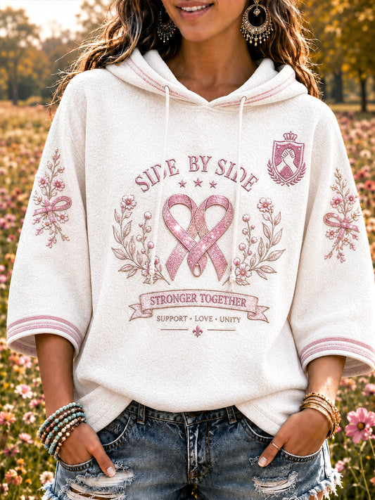 Sweat-shirt à capuche décontracté imprimé cancer du sein blanc pour femmes