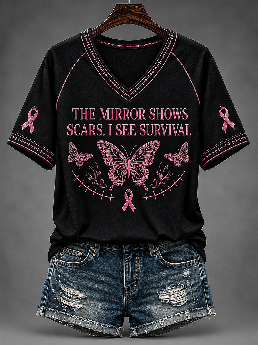 T-shirt col en V The Mirror Show Scars I See Survival Femme