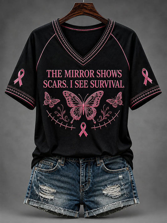 T-shirt col en V The Mirror Show Scars I See Survival Femme
