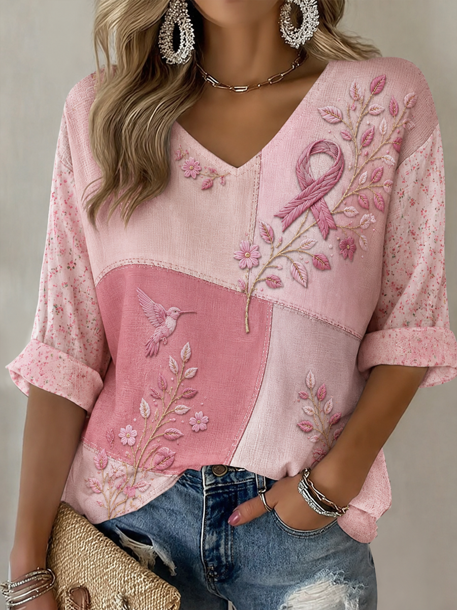 T-shirt femme à imprimé colibri, manches mi-longues et encolure en V