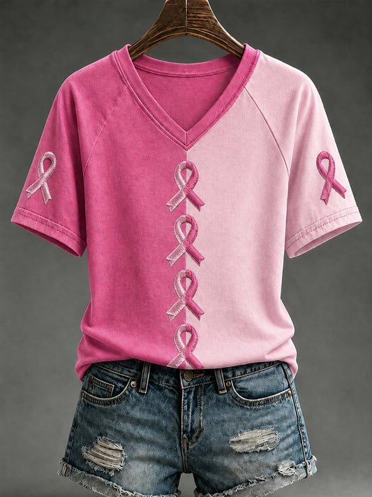 Soutien de sensibilisation au cancer du sein pour femmes T-shirt à manches courtes à col en V et épaules dénudées