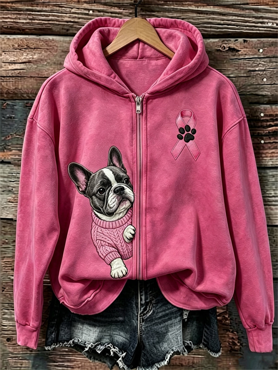 Femmes Peeking Bouledogue Français Ruban Rose Sensibilisation Au Cancer Du Sein Full Zip Hoodie