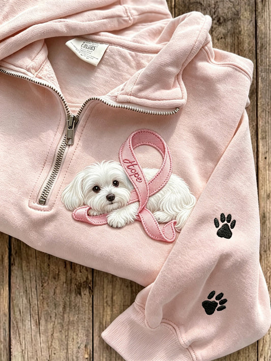 Sweat-shirt à fermeture éclair pour femme Hope avec ruban rose et empreintes de pattes maltaises