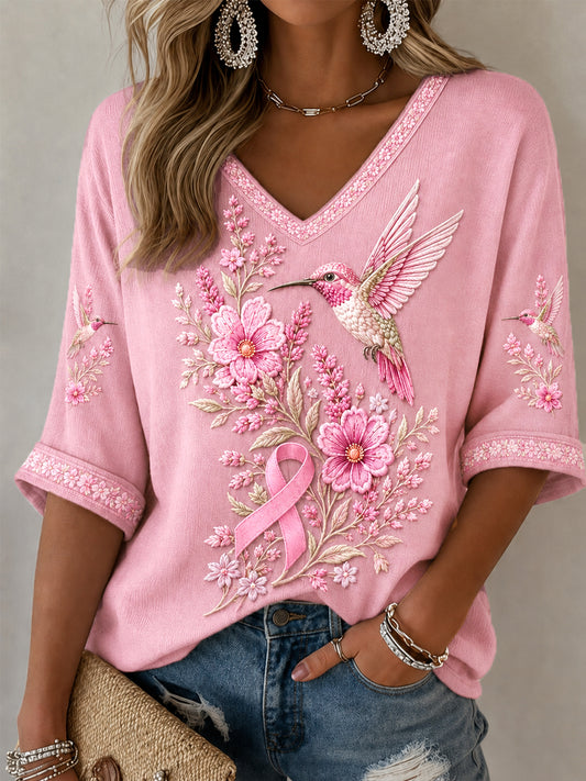 Femmes Rose Floral & Colibri Imprimer Soutien de sensibilisation au cancer du sein Demi-manches V-Neck T-Shirt