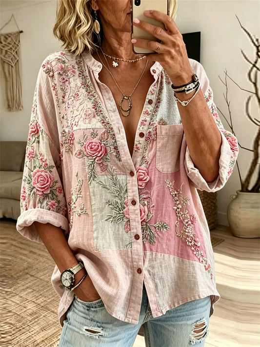 Blouse en lin à imprimé patchwork de roses vintage pour femmes Cottagecore