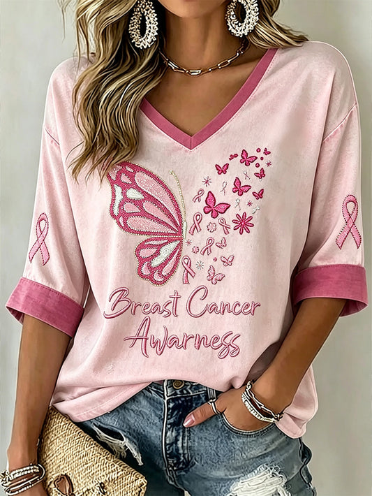 T-shirt décontracté à manches mi-longues pour femmes, thème du cancer du sein