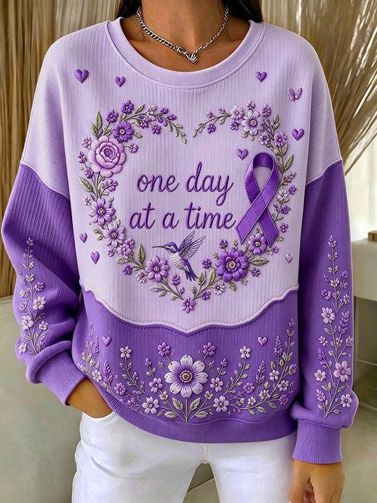 Sweat-shirt à col rond et côtes, imprimé floral violet, en soutien à la sensibilisation à la maladie d’Alzheimer, pour femme