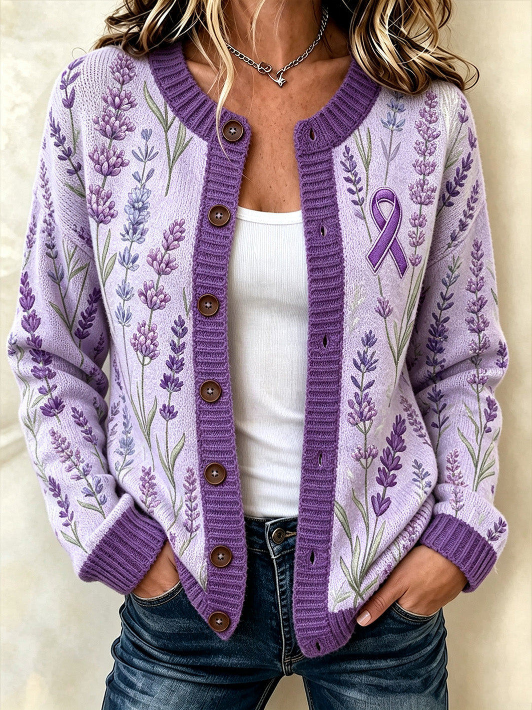 Les femmes de violet floral et violet de la charité ruban design décontracté cardigan-style tricot veste