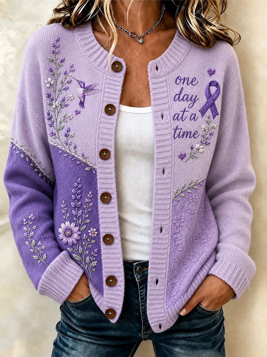 Cardigan pour femme à imprimé floral violet et de sensibilisation à la maladie d’Alzheimer