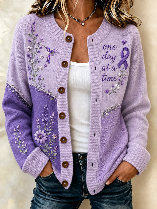 Cardigan pour femme à imprimé floral violet et de sensibilisation à la maladie d’Alzheimer