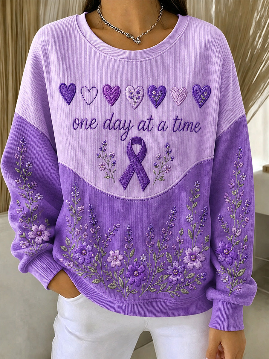 Sweat-shirt à col rond et côtes, imprimé floral violet, en soutien à la sensibilisation à la maladie d’Alzheimer, pour femme