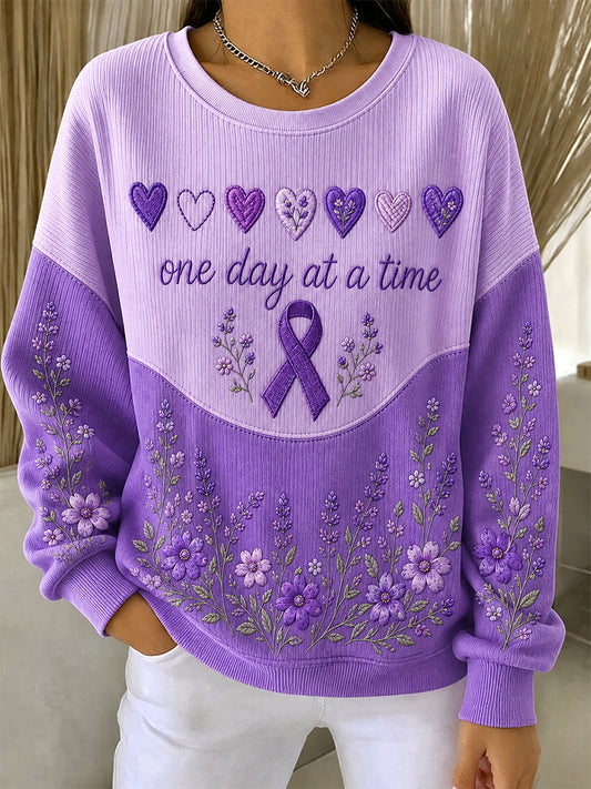 Sweat-shirt à col rond et côtes, imprimé floral violet, en soutien à la sensibilisation à la maladie d’Alzheimer, pour femme