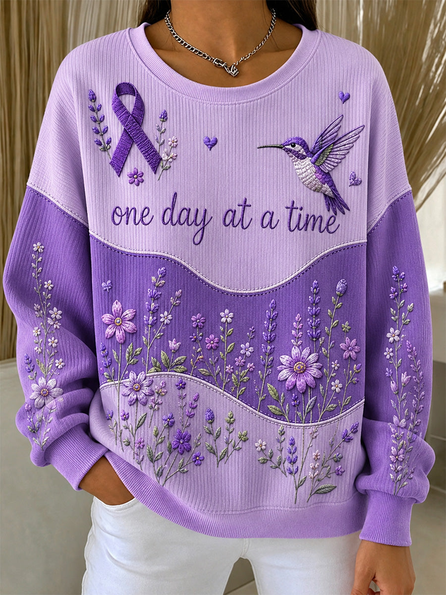 Sweat-shirt à col rond et côtes, imprimé floral violet, en soutien à la sensibilisation à la maladie d’Alzheimer, pour femme