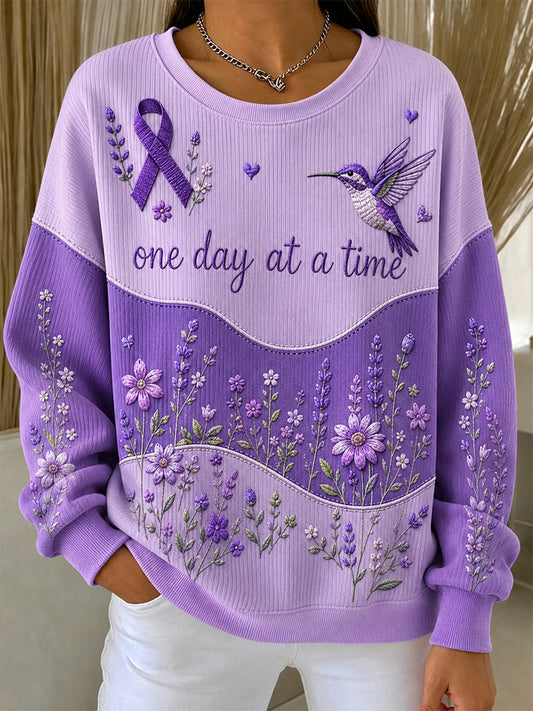 Sweat-shirt à col rond et côtes, imprimé floral violet, en soutien à la sensibilisation à la maladie d’Alzheimer, pour femme