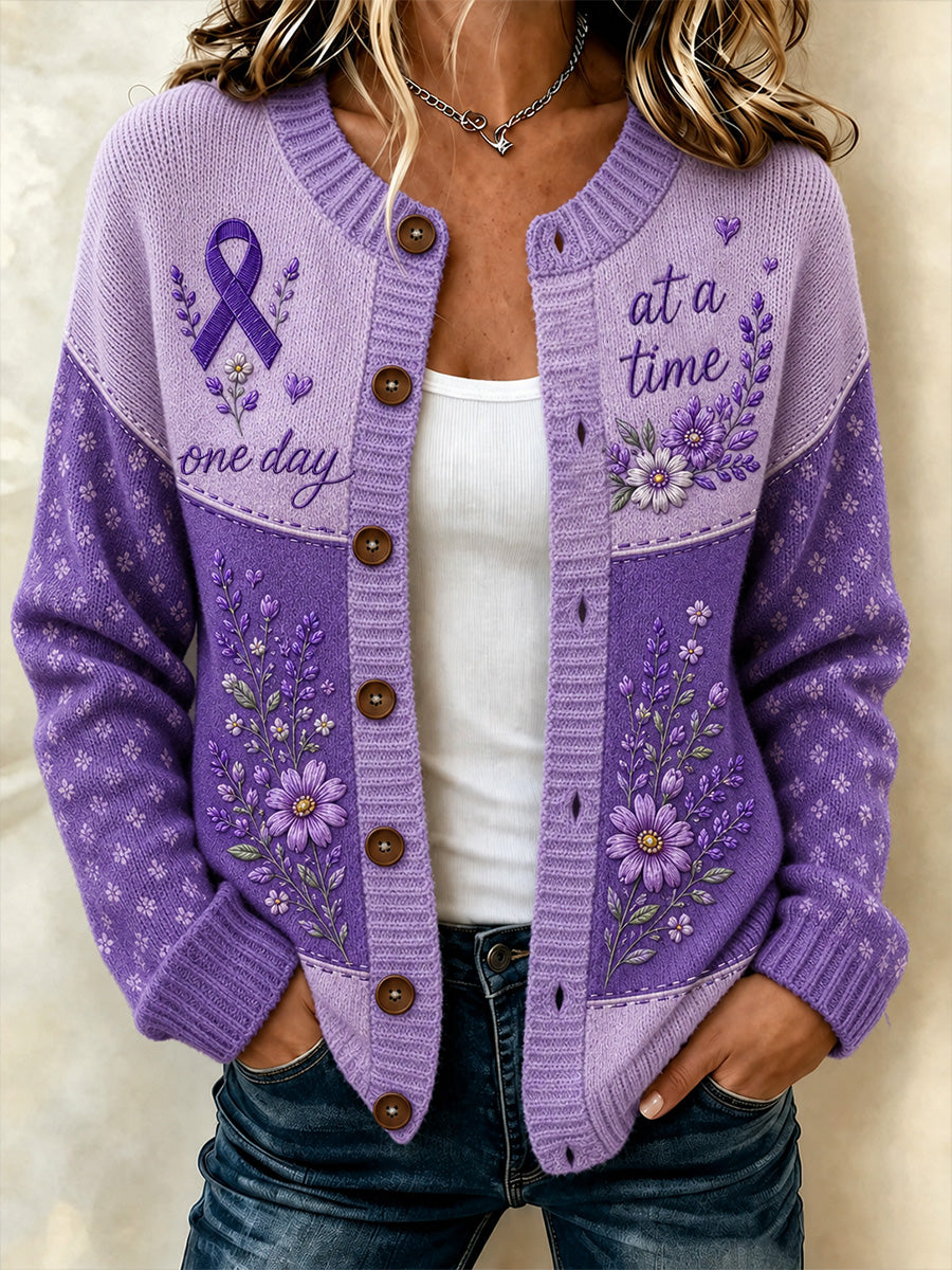 Cardigan pour femme à imprimé floral violet et de sensibilisation à la maladie d’Alzheimer