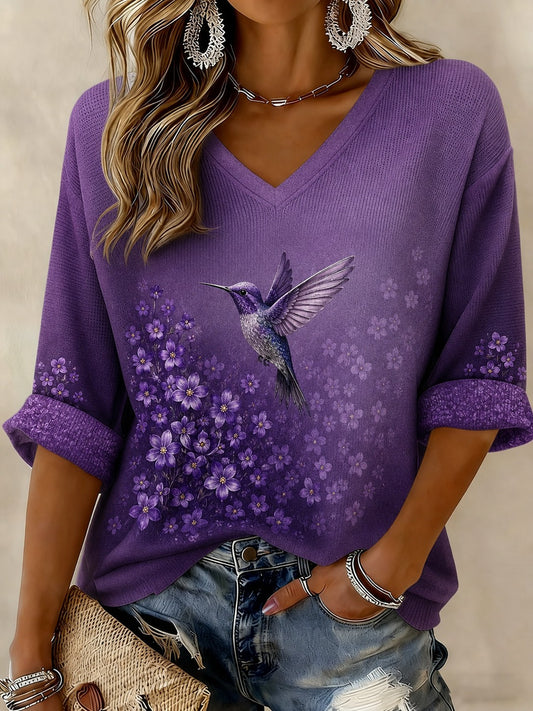 T-shirt femme contre la maladie d’Alzheimer, à manches mi-longues et col en V, imprimé de fleurs