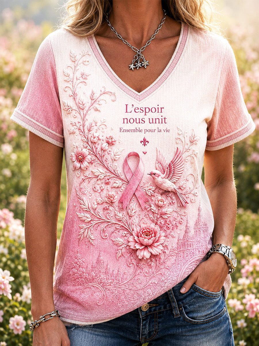 T-shirt à col en V rose à imprimé français pour femmes