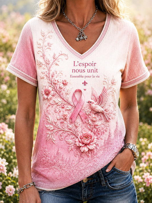 T-shirt à col en V rose à imprimé français pour femmes