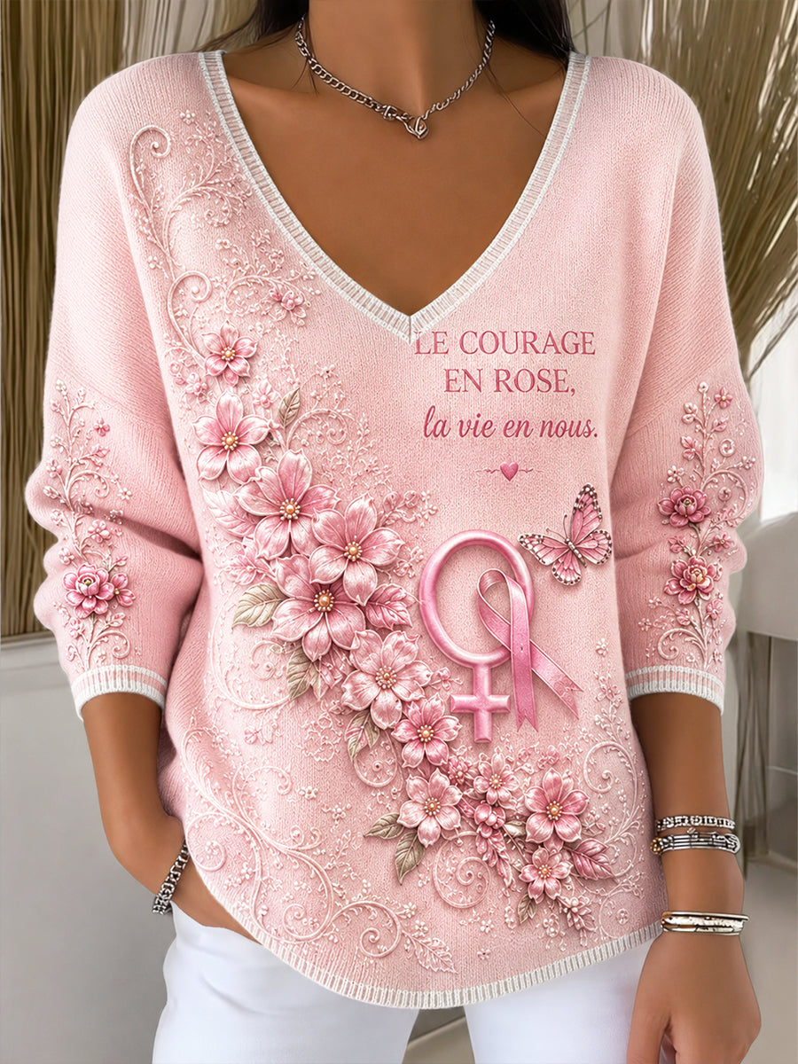 Haut Décontracté Femme Rose Français Imprimé Cancer Du Sein Col En V Style Pull