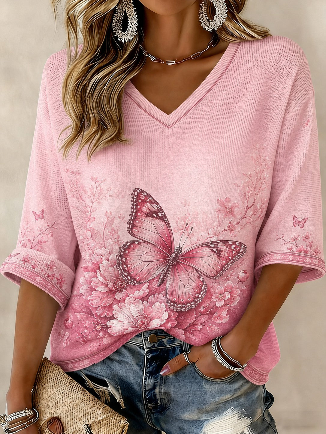 T-shirt à manches mi-longues imprimé fleurs cancer du sein pour femmes