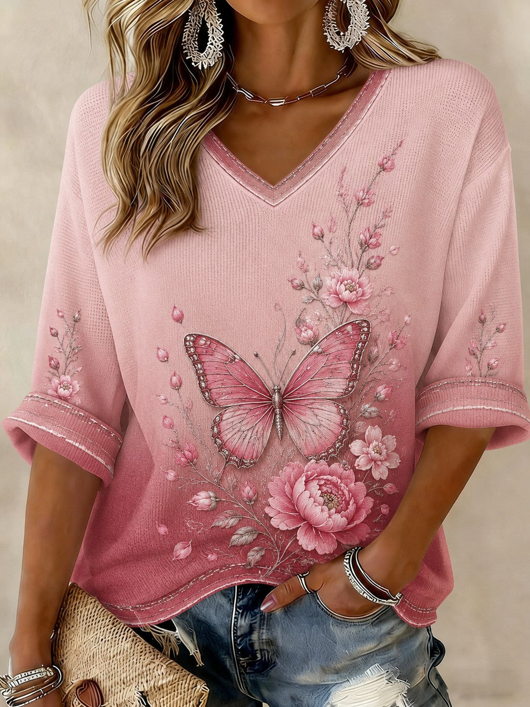 T-shirt femme à manches mi-longues et col en V, motif fleurs sur le thème du cancer du sein