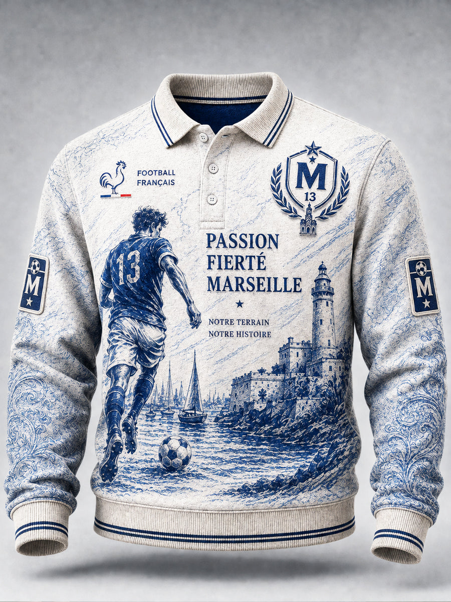 Polo Homme Décontracté Blanc French Ligue 1 Marseille Imprimé Football