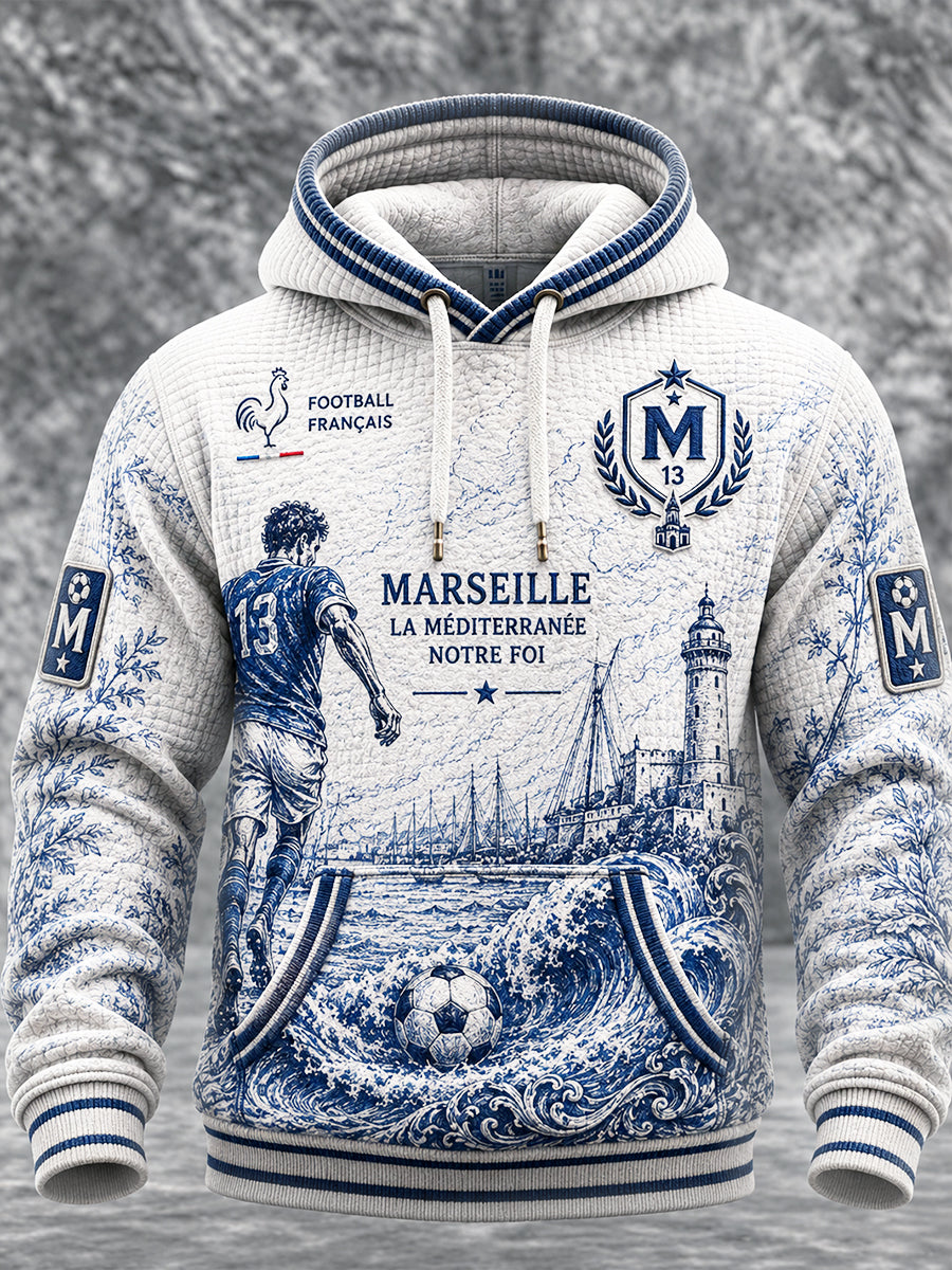 Sweat-shirt à capuche décontracté à imprimé de football français blanc pour homme Ligue 1 Marseille