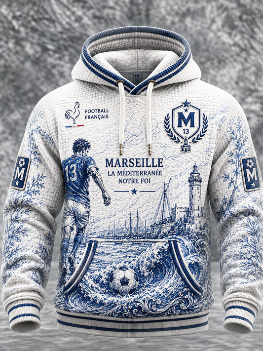 Sweat-shirt à capuche décontracté à imprimé de football français blanc pour homme Ligue 1 Marseille