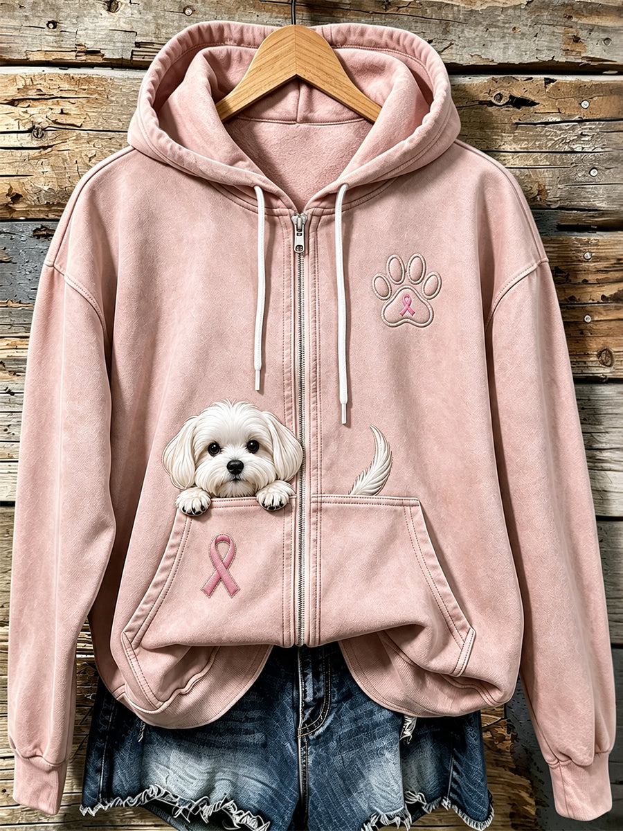 Sweat-shirt zippé à capuche pour femme Peeking Maltese Dog & Pink Ribbon Paw Print