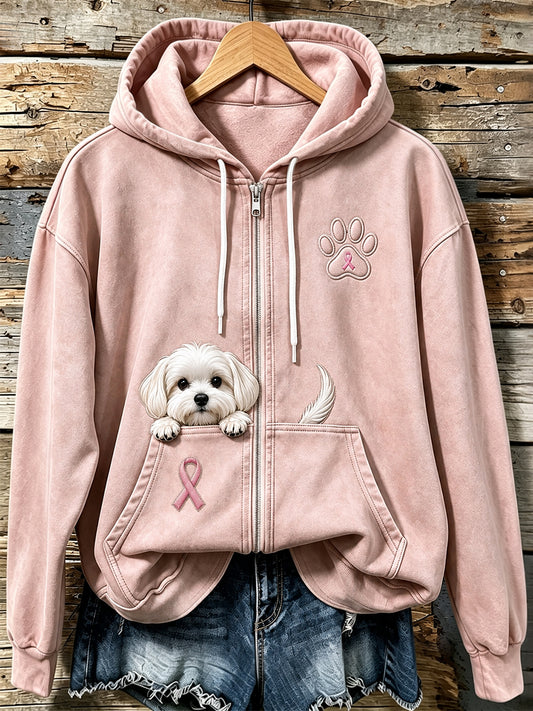 Sweat-shirt zippé à capuche pour femme Peeking Maltese Dog & Pink Ribbon Paw Print