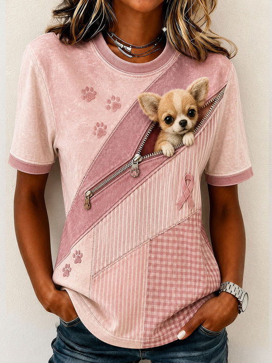 Mignon Chihuahua Pattern Patchwork Art T-Shirt des femmes