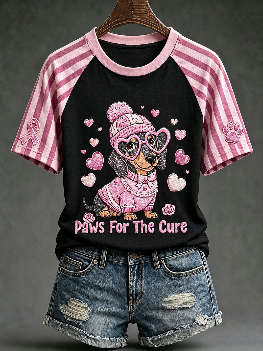 T-shirt à manches courtes décontracté à imprimé chien mignon thème cancer du sein pour femmes