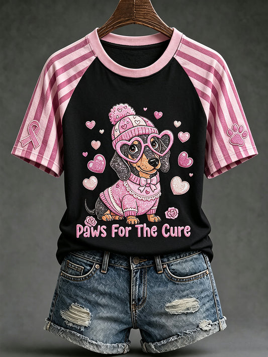 T-shirt à manches courtes décontracté à imprimé chien mignon thème cancer du sein pour femmes