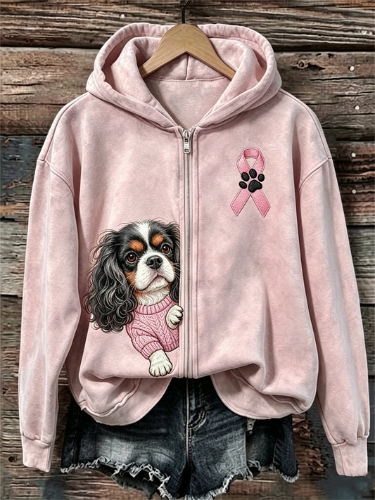 Peeking King Charles chien rose ruban sensibilisation au cancer du sein Full Zip Hoodie des femmes