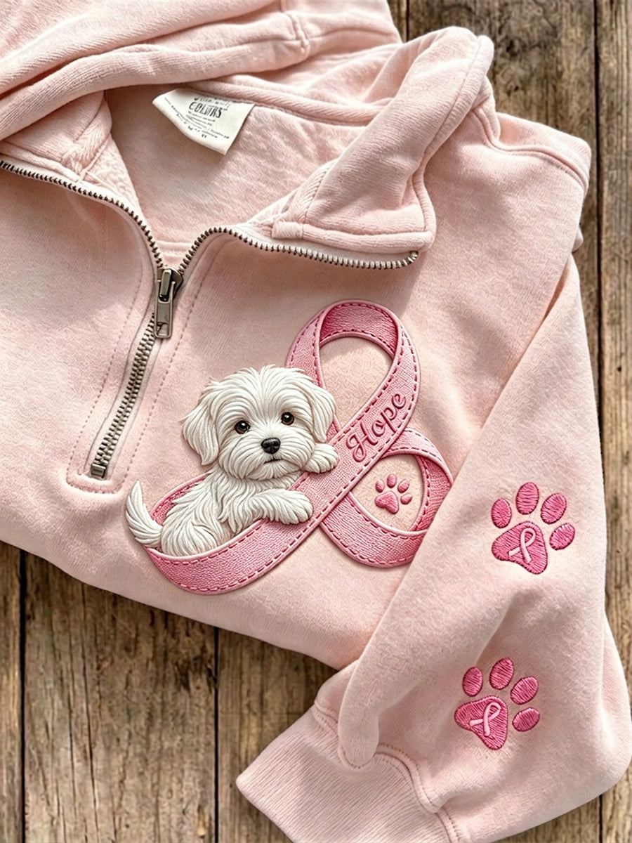 Sweat à fermeture éclair pour femme, ruban rose de l’espoir, motif chien maltais et empreintes de pattes