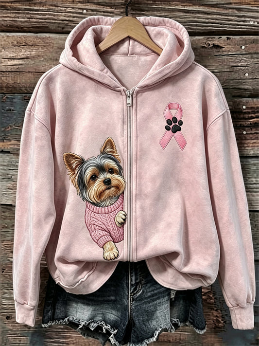 Peeking Yorkshire chien rose ruban sensibilisation au cancer du sein Full Zip Hoodie des femmes