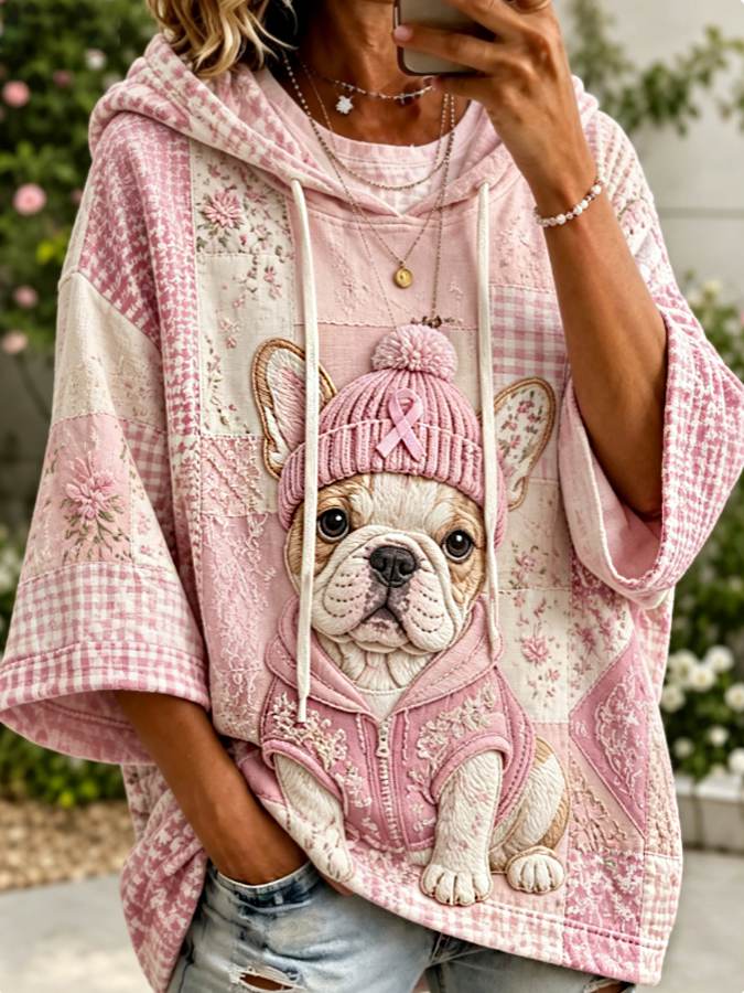 Femmes Rose Cancer Du Sein Sensibilisation Floral Français Bulldog Hoodie
