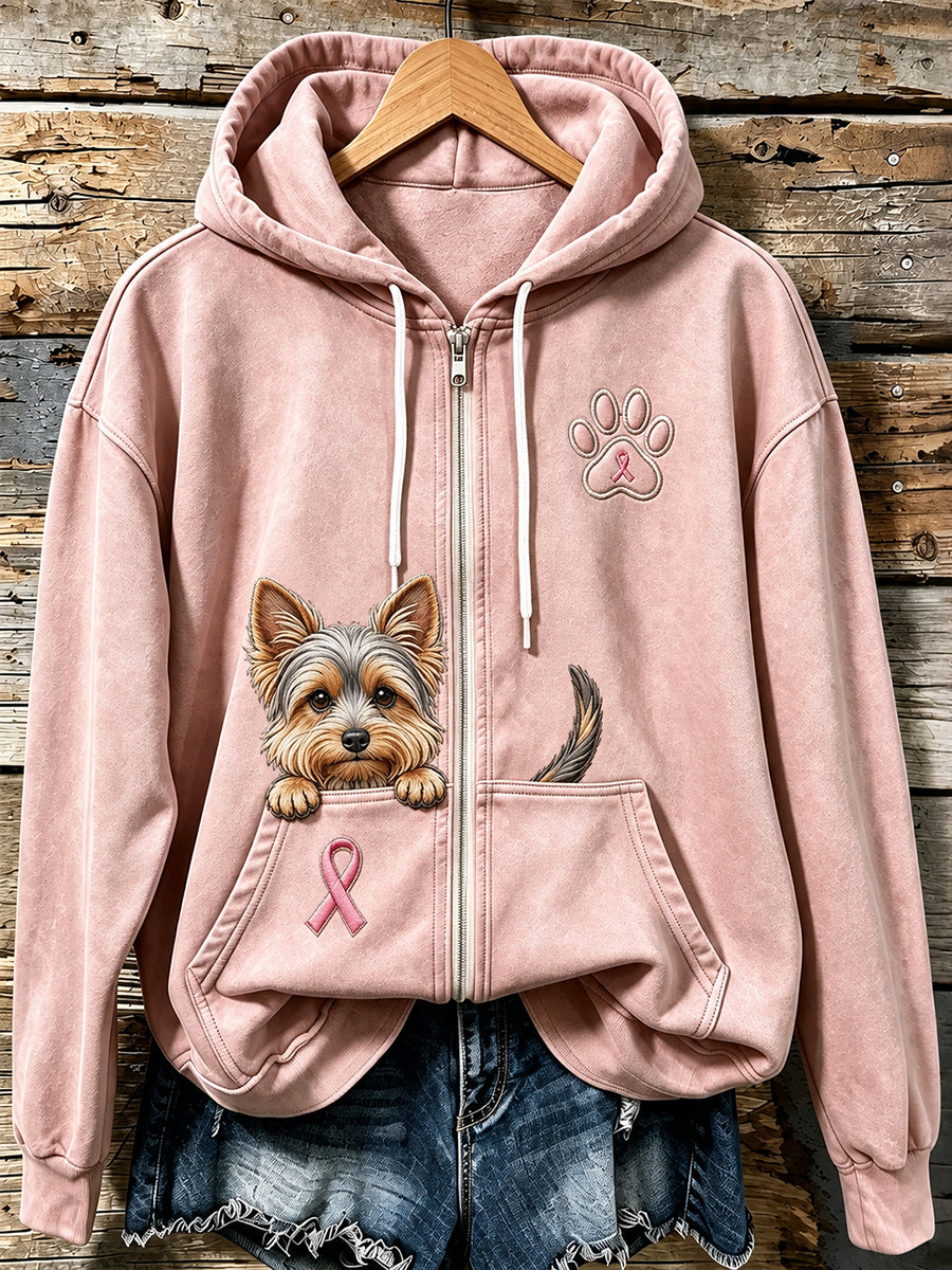 Sweat à capuche zippé pour femme Peeking Yorkshire Terrier et imprimé de patte de ruban rose