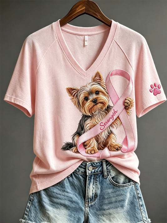 T-shirt femme à manches courtes avec ruban rose Yorkshire Dog & Paw Print