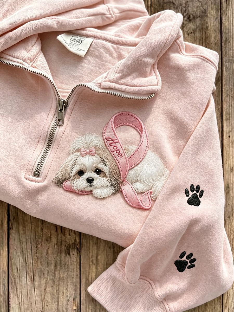 Sweat-shirt à fermeture éclair pour femme avec ruban rose Hope Shih Tzu Dog & Paw Prints