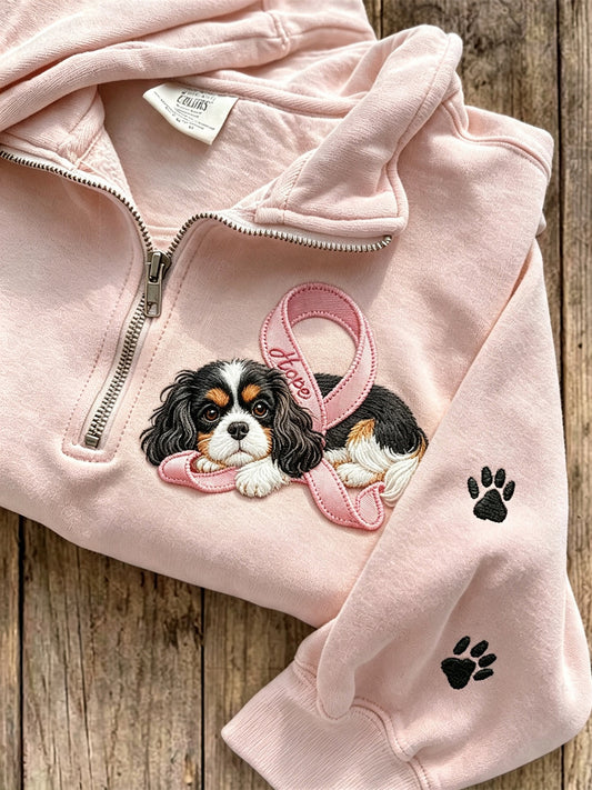 Sweat-shirt à glissière pour femme Hope avec ruban rose King Charles Dog & Paw Prints