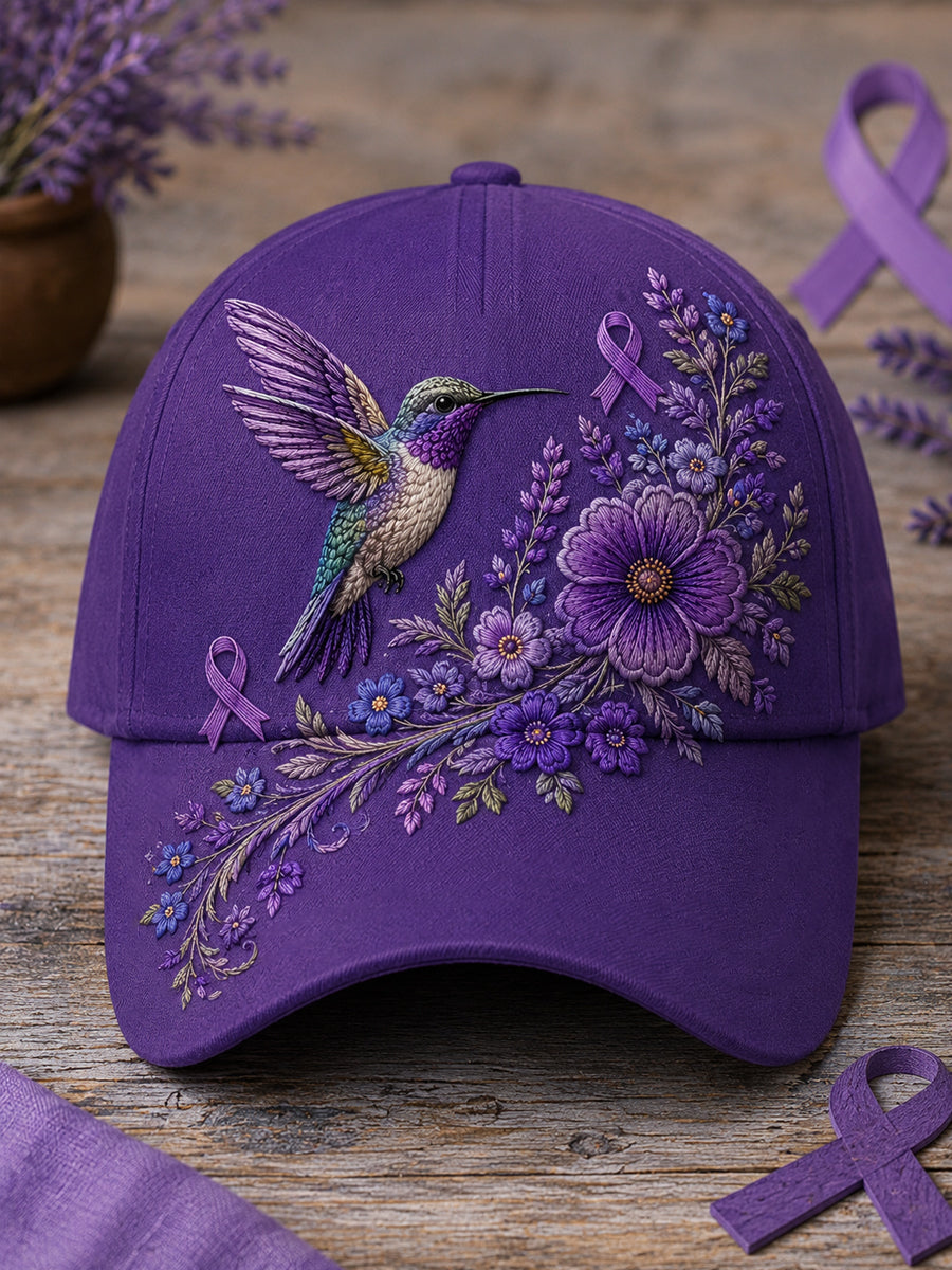 Chapeau de soutien à la sensibilisation à la maladie d’Alzheimer, unisexe, à imprimé floral violet et colibri
